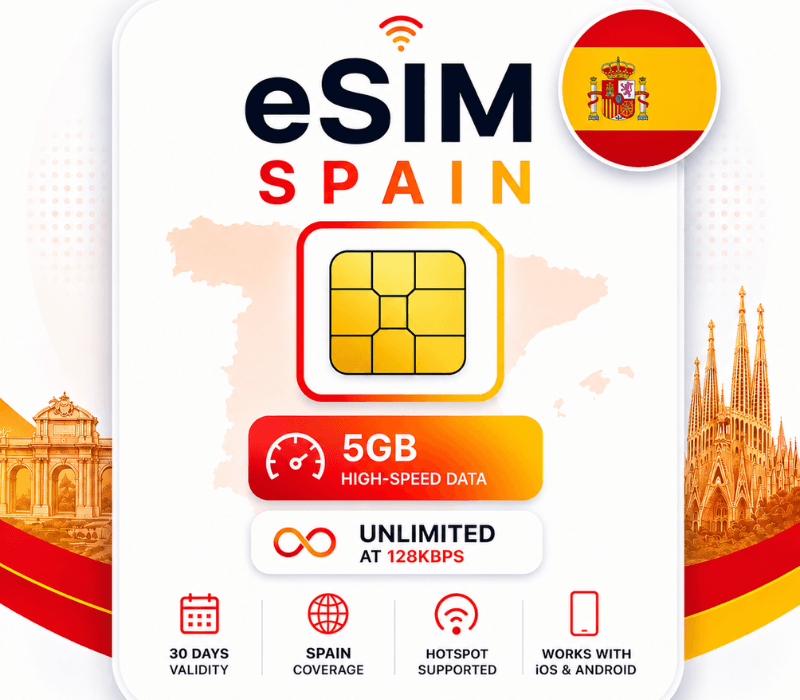 eSIM Spain - 3GB High-Speed, Then Unlimited Data at 128kbps (valid for 30 Days)